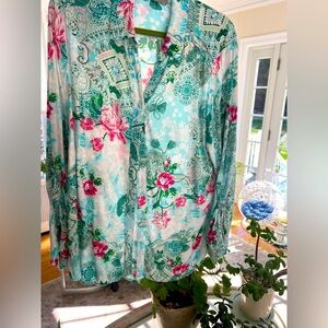 Chico's Floral Paisley Blouse in Pink and Green